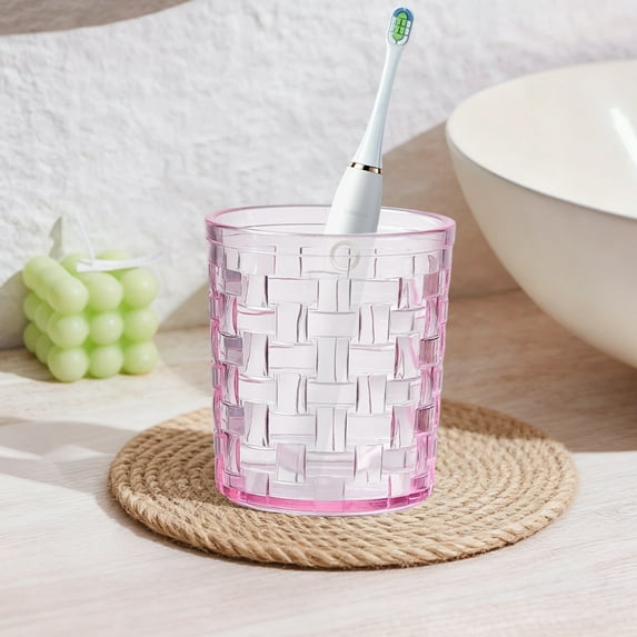Coollooc Clear Geometric Pattern Toothbrush Holder Cup, Clear Glass Toothbrush and Toothpaste Holder, Bathroom Glass and Mouthwash Cup, Bathroom Toothbrush Storage Cup, Makeup Brush(Pink)