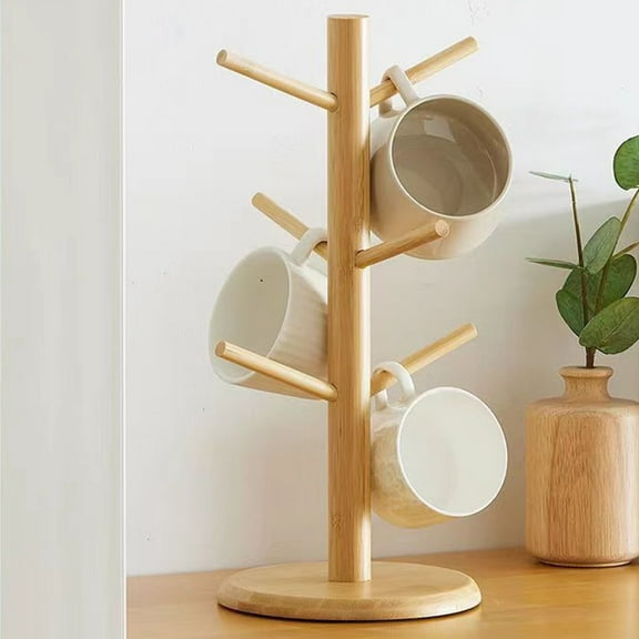 Coollooc Coffee Mug Tree with 6 Hooks, Mug Tree Stand, Wood Coffee Cup Holder, Countertop Mug Tree, Mug Stand Kitchen Organizer, Cafe Accessories Decor & Kitchen Organizer Storage Stand