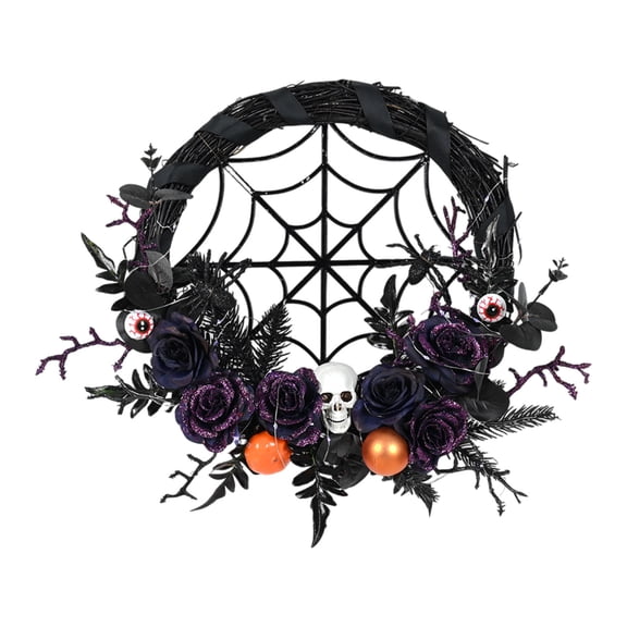 Coollooc Collapsible Halloween Door Wreath, 20 Inch Light Up Black Halloween Wreaths for Front Door with Skeleton, Scary Halloween Decorations Indoor Outdoor for Porch Window(Purple)
