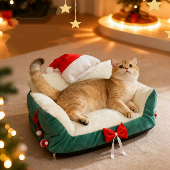 Coollooc Cute Cat Couch for Pets, Christmas Recliner with Santa Hat, Red Christmas Cats Dog Bed | Pet Couch for Home Kitchen Bedroom Balcony Play Area Apartment Indoor Relax(Green)