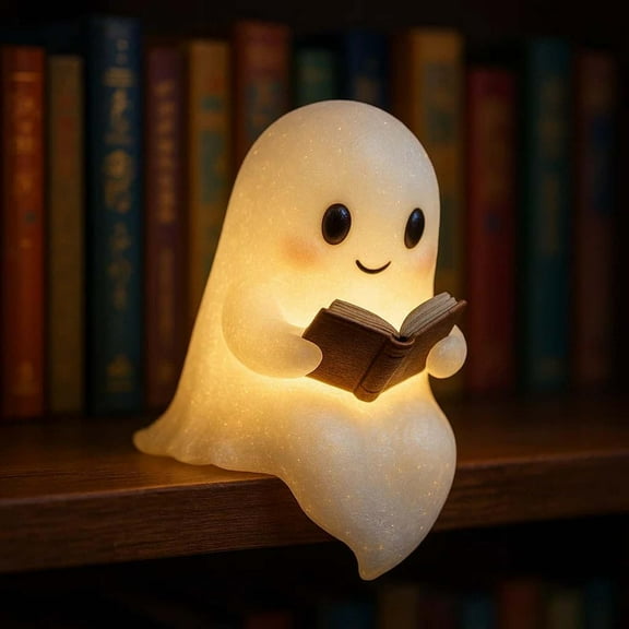 Coollooc Cute Ghost Reading Book Lamp, Halloween Ghost Night Light, Light Up Halloween Decor, Ghost Warm Lighted Indoor Figurine Lamps for Party Bedroom Study Room(M)