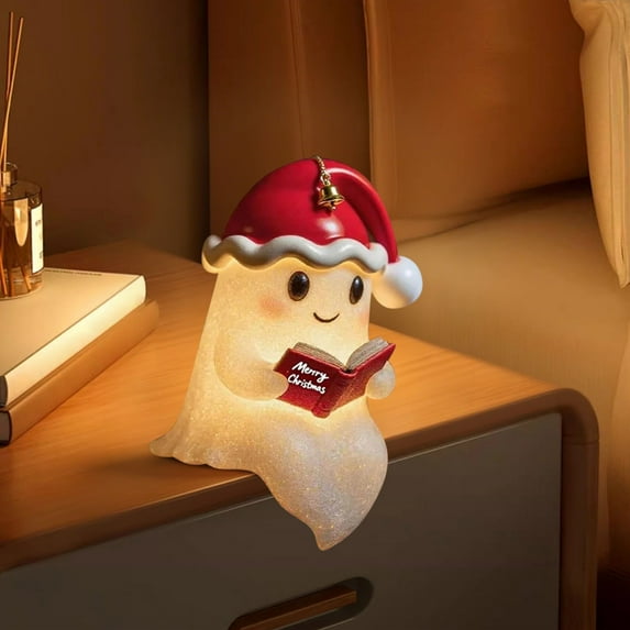 Coollooc Cute Ghost Reading Book Lamp Wearing a Christmas Hat, Halloween Ghost Night Light, Light Up Halloween Decor, Ghost Warm Lighted Indoor Figurine Lamps for Party Bedroom Study Room(Color)