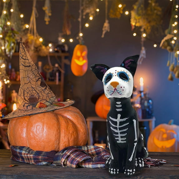 Coollooc Day of The Dead Dog Figurines Resin Halloween Dog Statue Sugar Skulls Animal Sculpture for Halloween Home Desk Decorations