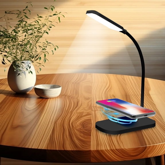 Coollooc Desk Lamp, Desk Lamps for Home Office with Wireless Charger, 800 Lumens Gooseneck 3 Modes Dimmable Touch Circular LED Desk Light, Small Desk Lamp for College Dorm Room