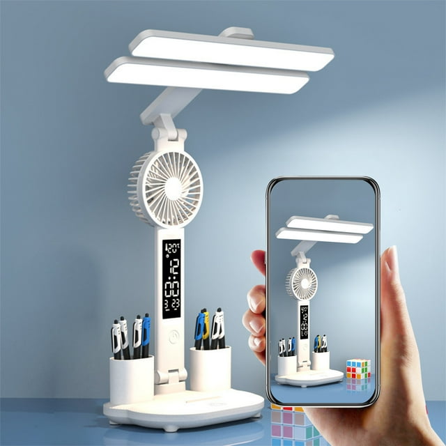 Coollooc Desk Lamp LED Desk Lamps with Fans,USB Charging Port,Foldable Table Lamp with Clock,Date, Fan,Pen Holder,Temperature,Step-Less Dimming,Eye Caring Reading Light for Study Home Office