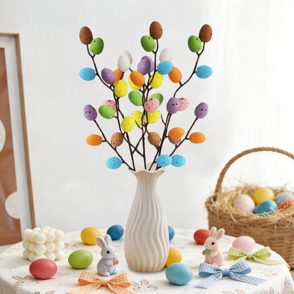 Coollooc Easter Colorful Egg Stems Artificial Flower Branches, Plastic No-Maintenance Floral Decor, Eggs Daisy Colorful Berries Leaves Twig Branches Sprays for Centerpiece Home Vase Decor