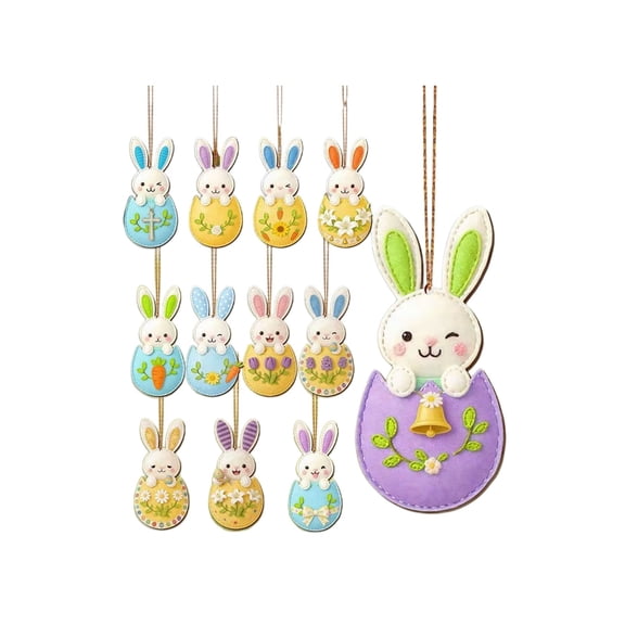 Coollooc Easter Egg Bunny Wooden 2D Flat Hanging Ornament, 12Pcs Easter Bunny and Egg Hanging Ornaments 2D Flat Wooden Decor for Spring Holiday Tree Easter Party & Home Indoor Outdoor Decor(C)