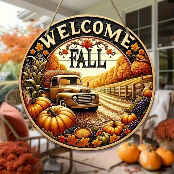 Coollooc Fall Door Decor Fall Truck Wall Decor Hello Fall Door Sign Wooden Fall Door Wreath Rustic Truck Maple Leaf Pumpkin Door Hanger for Harvest Thanksgiving Porch Farmhouse Indoor Decor