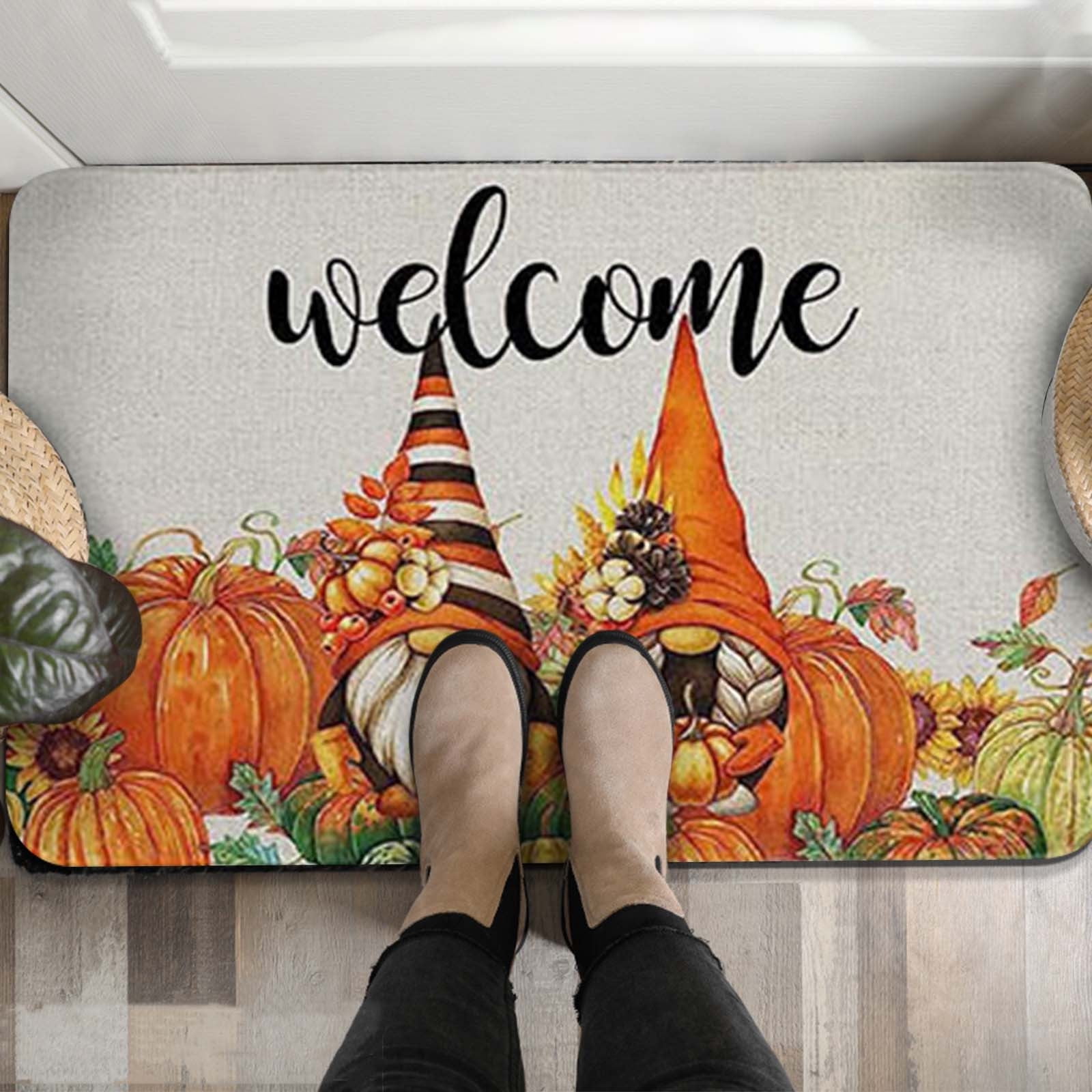 Hello Fall Kitchen Rugs And Mats 2 PCS Blue Orange Pumpkin Maple Leaf Birds Kitchen Mats For Floor, Farmhouse Non-Slip Rugs With Runner For Kitchen,Home Office,Sink,Laundry 19.7"x31.5"+19.7"x47.2
