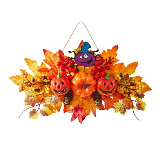 Coollooc Fall Maple Leaves Swag for Front Door, Halloween Autumn Door Swags with Lights, Maple Leaves, Pumpkins, Berries and Flowers, Lighted Thanksgiving Maple Leaf Pumpkin Teardrop Swag(C)