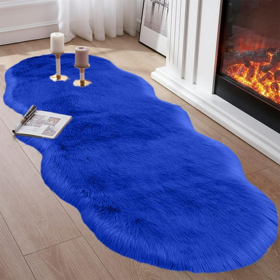 Coollooc Faux Fur Rug for Bedroom, 55 inch Fluffy Rug Soft Sheepskin Runner Rug Sofa Couch Seat Cushion, Plush Area Rug Shag Rugs Floor Carpets for Bedside, Cute Shaggy Fuzzy Home Decor(Blue)