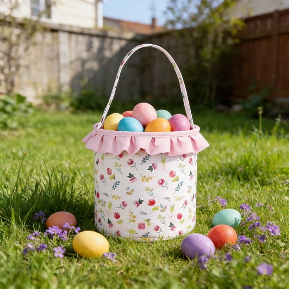 Coollooc Floral Patterns Ruffled Basket, 9.5 Inch Easter Basket Bags with Plush Design, Egg Hunt Baskets Bucket Tote for Easter Egg Hunts, Candy and Gift Storage