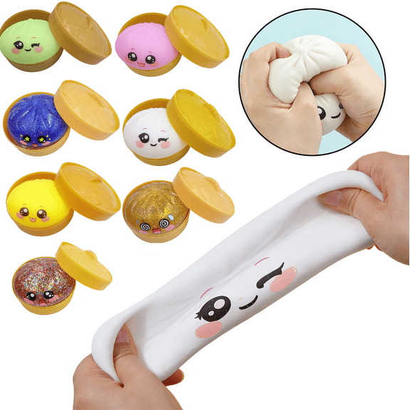 Coollooc Giant Dumpling Squishy with Expression, 4 Inch Dumpling Stress Ball with Steamer, Rainbow Squishys Bun, Soft Squeeze Decompression Dough for Stress Reduction and Alleviate Anxiety(White)
