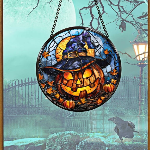 Coollooc Halloween Acrylic Stained Glass Window Hanging Decor, Pumpkin with Witch Hat Acrylic Suncatcher Window Panel Glow in the Dark Hanging Sign Ornaments for Front Door Wall Home Party