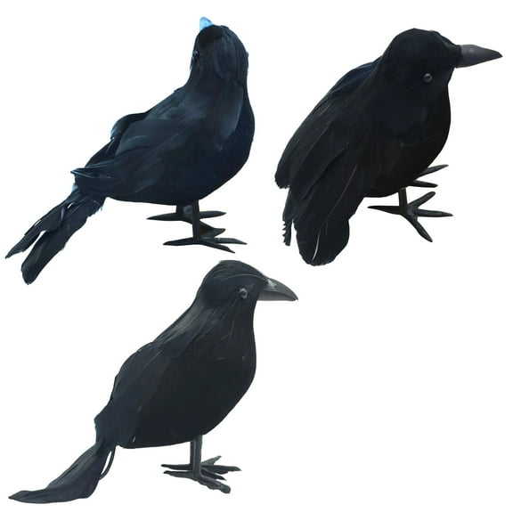 Coollooc Halloween Decorations 3 PCS Realistic Crows Halloween Decor Birds Black Feathered Crows - Halloween Ravens Prop Decor Outdoor Indoor Party Decoration, Crow Decor, Raven Decor