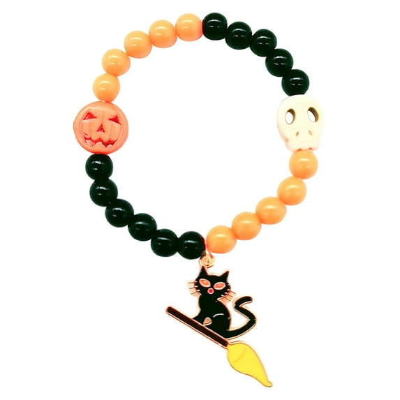 Coollooc Halloween and Fall Orange Black, Yellow, White and Green Beaded Bracelets with Pumpkin, Ghost, Black Cat, Witch Broom and Bats Charms Bracelet