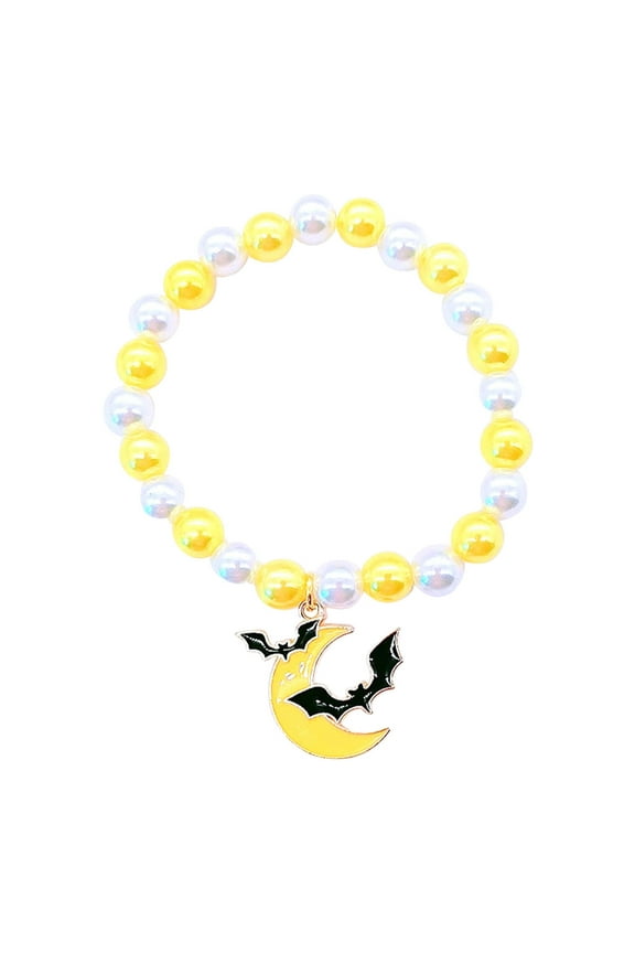 Halloween and Fall Orange Black, Yellow, White and Green Beaded Bracelets with Pumpkin, Ghost, Black Cat, Witch Broom and Bats Charms Bracelet