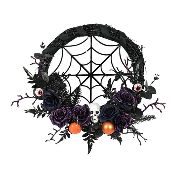 Coollooc Halloween Wreath for Front Door 18 Inch Black Spider Web and Horror Skull Fake Flowers Ornamnets Scary Halloween Decor Spooky Outdoor Indoor Home Party Fireplacce Window Wall Hanging Decor