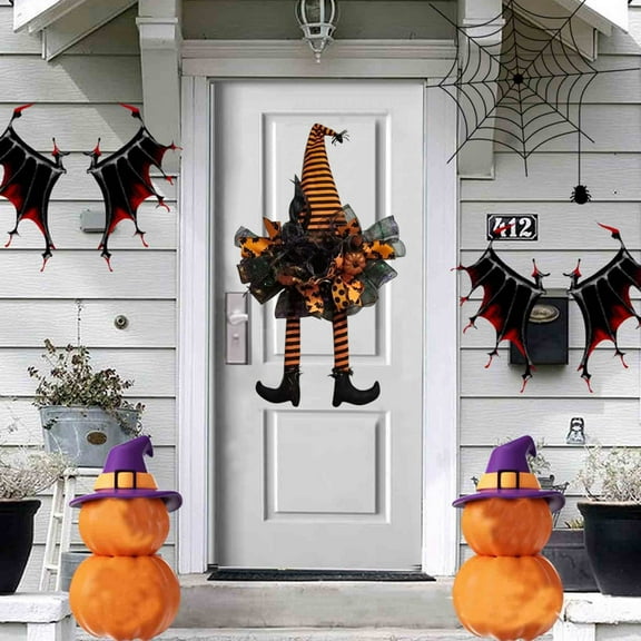 Coollooc Happy Halloween Wreath for Front Door Decoration with Skeleton Artificial Bone Orange Ornaments Maple Leaf for Party Decor, 16x30 in