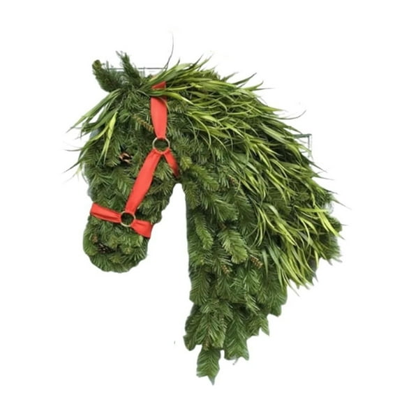 Coollooc Horse Head Wreath, Rustic Farmhouse Equestrian Door Decor, 13 Inch Handmade Horse Head Christmas Wreath with Red Bow, Faux Greenery Holiday Wreaths for Front Door, Barn, Porch