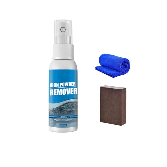 Coollooc Iron Powder Remover Spray with Cleaning Cloth and Sponge, Multi-Functional Quick-Acting Rust Removal Spray, Rust Remover Spray for Metal, Tools, Cars, Chains(1Pcs,30ml)