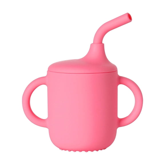 Coollooc Leak-Proof Baby Straw Cup, Silicone Training Cup with Straw & Handles, Silicone Sippy Cups, Spill Proof Toddler Cup, Non-slip Handle, Flow Control, Water Drinking Cup for Infants(Pink)