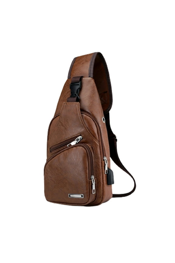 Leather Sling Bag Mens Crossbody Bag Chest Bag Sling Backpack for Men with USB Charge Port(Khaki)