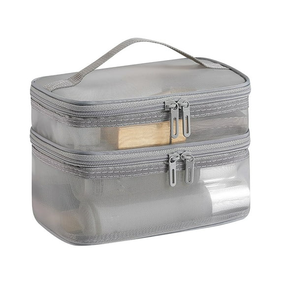 Coollooc Mesh Makeup Bag, Cosmetic Bag, Small Travel Kit Storage Pouch Clear Portable Toiletry Bags Set for Women Girl, Travel Portable Toiletries Bag(Double-layer,Gray)