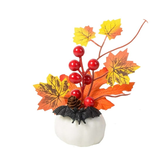 Coollooc Mini Artificial Pumpkin Potted Plants with Maple Leaves Berries Pine Cone Sunflower, Thanksgiving Halloween Bonsai with Skull Figurine Ornament for Farmhouse Kitchen Table Decor(White)