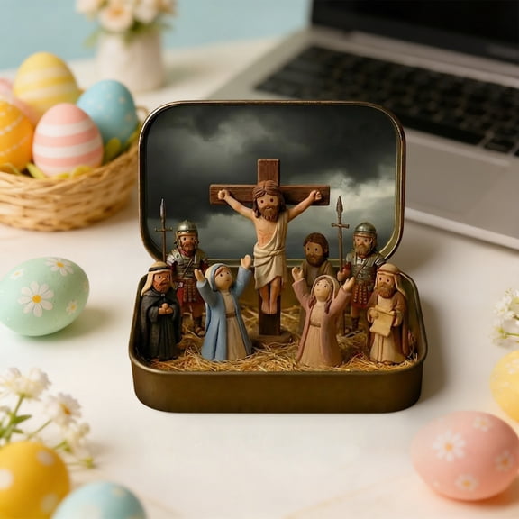 Coollooc Mini Nativity Set in a Tin Box, Handcrafted Pocket Size Nativity Scene Gift Tin, Resin Nativity Sets & Figures, Easter Decoration Indoor for Home Gifts Decor