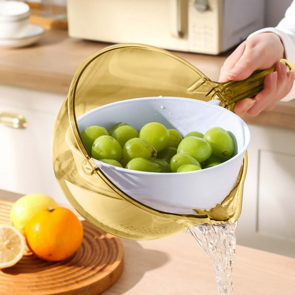 Coollooc Multi-Functional Kitchen Strainer, Fruit Washing Hand-free Bowl with Handle, Rice Washer Strainer Bowl, Small Colander for Cleaning Fruits, Vegetables, Beans and More(YE)