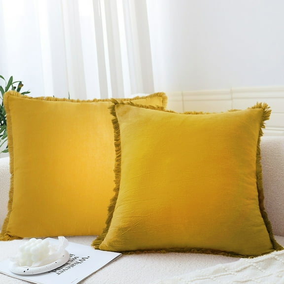 Coollooc Set of 2 Decorative Linen Fringe Throw Pillow Covers Cozy Boho Farmhouse Cushion Cover with Tassels Soft Accent Pillowcase for Couch Sofa Bed Living Room Home Decor,18×18 Inch