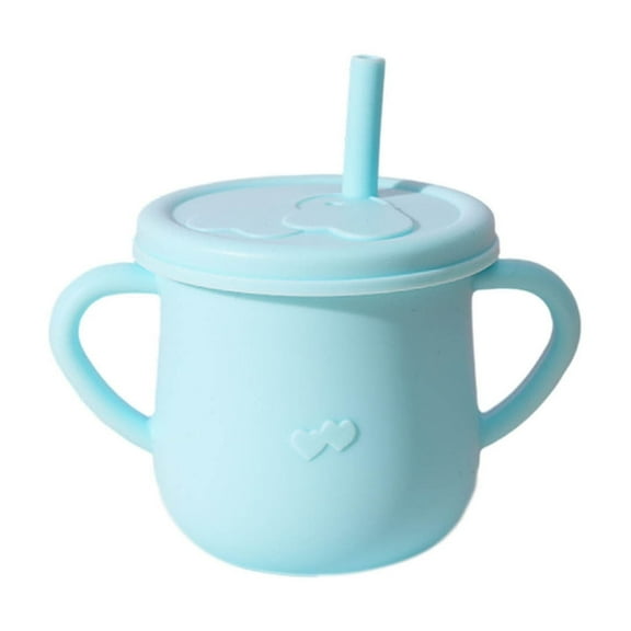 Coollooc Silicone Training Toddler Learning Cup with Two Handles, Baby Sippy Cup with Straw, Water Drinking Cup for Infants, BPA-Free Drop-Proof Baby Cup, Baby Led Weaning(A,Light Blue)