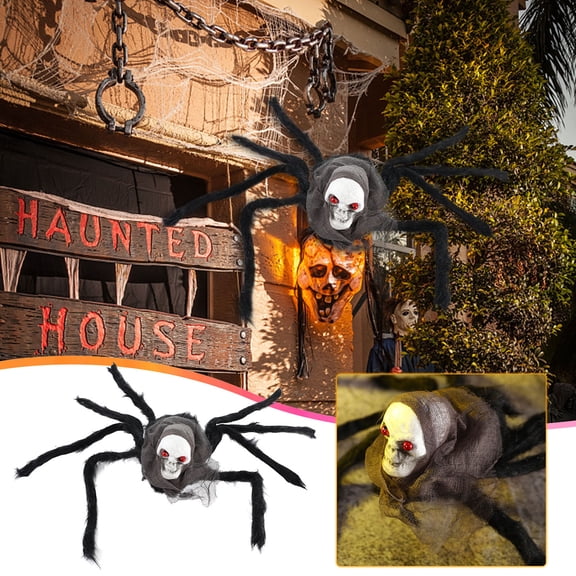Coollooc Skull Head Large Spider Halloween Decorations with Bendable Legs, Indoor and Outdoor Spooky Decor for Haunted House, 6 x 29.5 inches