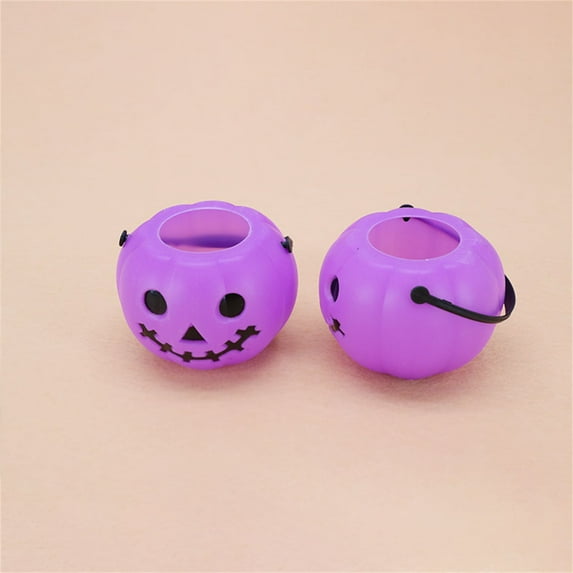Coollooc Small Halloween Candy Buckets, 2Pcs Mini Halloween Candy Holder, Handheld Cute Smiling Pumpkin Bucket, Pumpkin Ghost Cauldron Candy Bucket for Halloween Party Supplies(Purple)