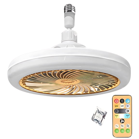 Coollooc Socket Fan Light, with Aromatherapy Sheet and Remote, Low Profile Ceiling Fans with Lights 3 Wind Speeds 3 Color Dimming, Bladeless Ceiling Fan with E27 for Kitchen/Bathroom(Yellow)