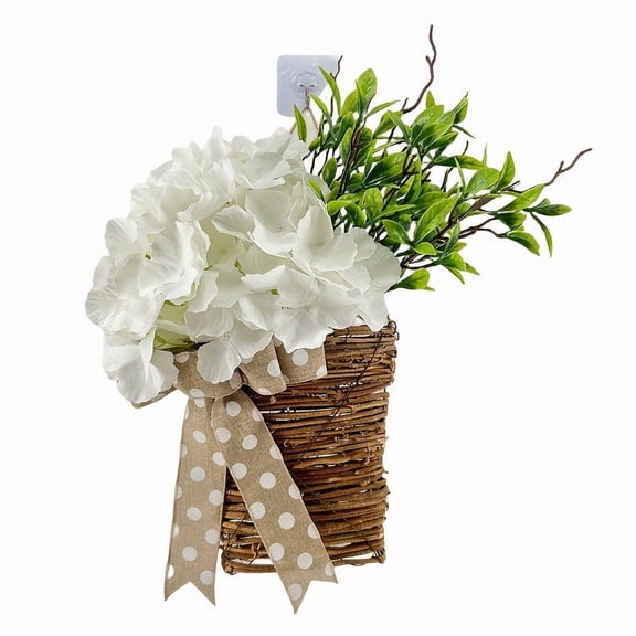 Coollooc Spring Basket Flower Wreath for Front Door Hanging Rattan Basket, Hanging Flower Basket with Lifelike Hydrangea Floral Arrangement with Bow for Home Decor Living Office and Garden(White)