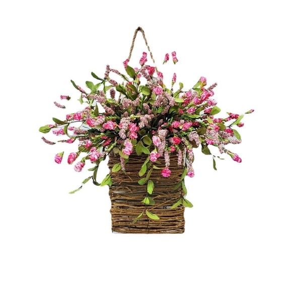 Coollooc Spring Basket Flower Wreath for Front Door Hanging Rattan Basket, Hanging Flower Basket with Lifelike Hydrangea Floral Arrangement with Bow for Home Decor Living Office and Garden(Beige)