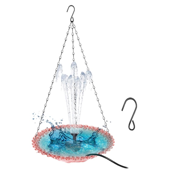 Coollooc USB Powered Hanging Feeder Birdbath, 9x18 Inch Outdoor Hanging Bird Bath with Fountain, Large Humming Birds Baths Fountains, with Pump & Glass Bowl, for Outdoor, Gardens(3-Pink)