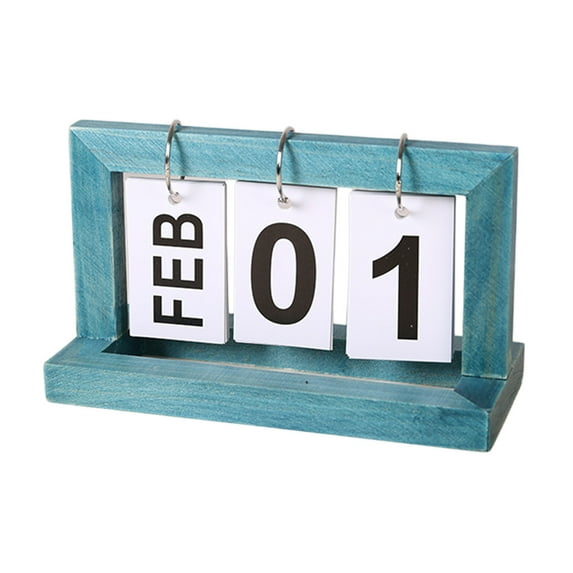 Coollooc Wood Desktop Perpetual Flip Calendar, Wooden Perpetual Desk Calendar, Desk Decor Calendar Reusable Vintage Desktop Calender for Office Desktop Home Decro Ornaments(Blue)