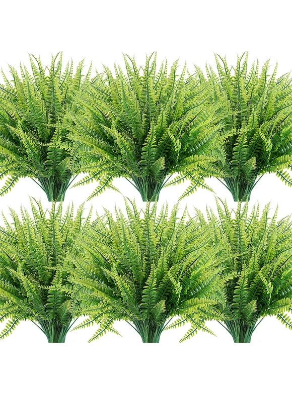 Coolmade 12 Bundles Artificial Plants with 7 Flexible Stems,14" Fake Boston Fern Greenery Outdoor UV Resistant No Fade Faux Plastic Plants (Green)
