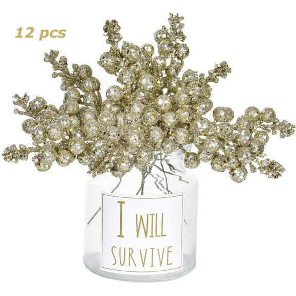 Coolmade 12 Pack Christmas Glitter Berries Stems, 7.8Inch Artificial Christmas Picks for Christmas Tree Ornaments, DIY Xmas Wreath, Crafts, Holiday and Home Decor