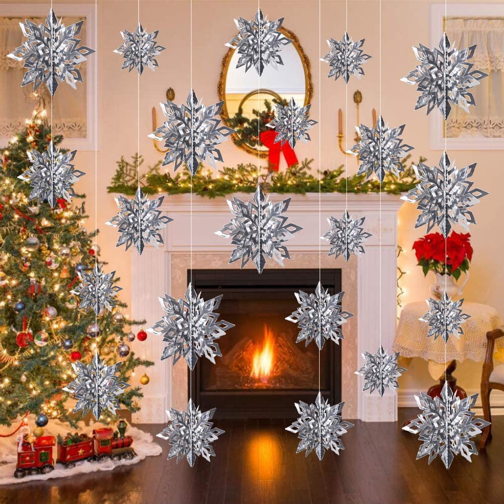 RESAUL 3D Hanging Snowflakes Christmas Decorations Ornaments, 15PCS Large  White Paper Snow Flakes Winter Wonderland Decoration Xmas Decor for