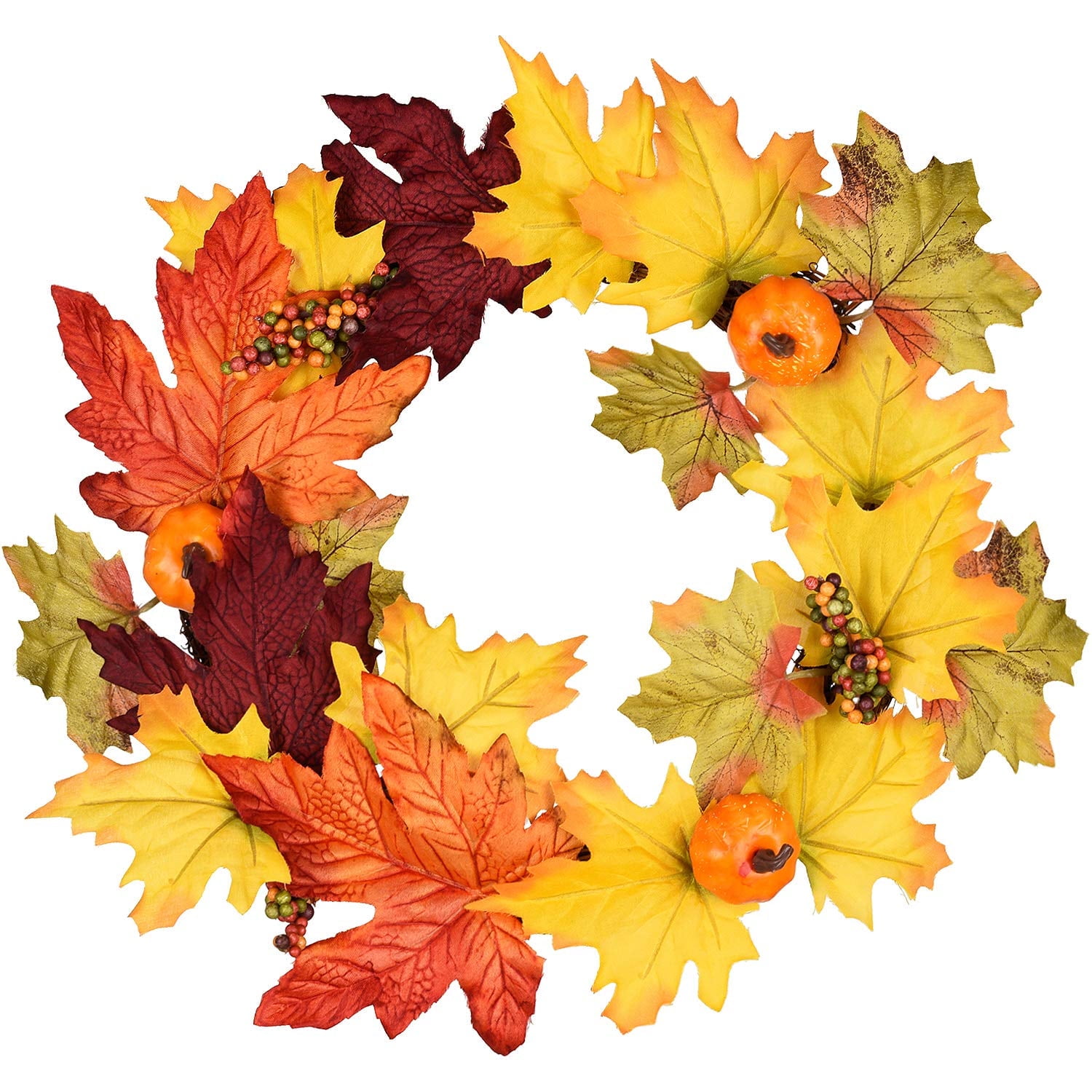 Coolmade 13 Inch Artificial Autumn Fall Wreath, Harvest Thanksgiving Door Wreath for Front Door with Pumpkins, Maple Leaf and Berry