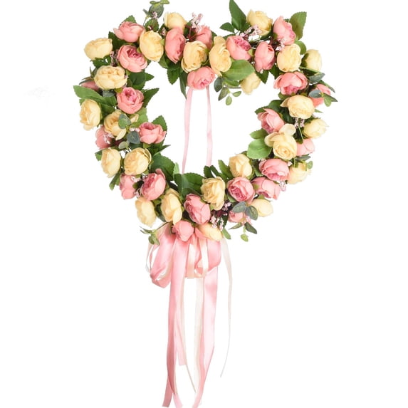 Coolmade 14 Inch Artificial Rose Flower Wreath, Heart-Shaped Floral Wreaths Door Springtime Wreath for Front Door Outdoor Wall Wedding Home Summer Decoration, Pink & Champagne