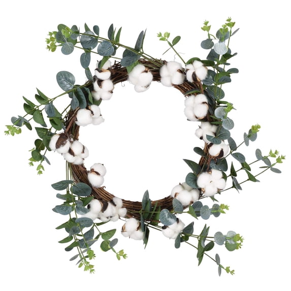 Coolmade 16" Cotton Wreath Decor, Fake Eucalyptus Green Leaves Wreath with Full White Fluffy Cotton Bolls for Farmhouse Decor Front Door Window Wall Wedding Centerpiece