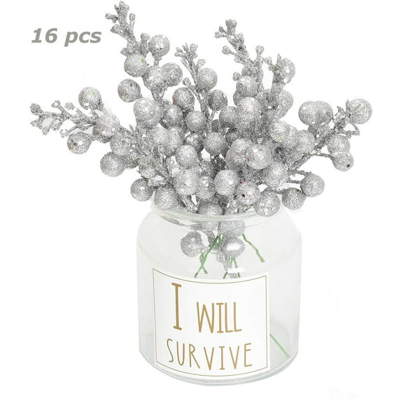 Coolmade 16 Pack Christmas Glitter Berries Stems, 7.8Inch Artificial Christmas Picks for Christmas Tree Ornaments, DIY Xmas Wreath, Crafts, Holiday and Home Decor