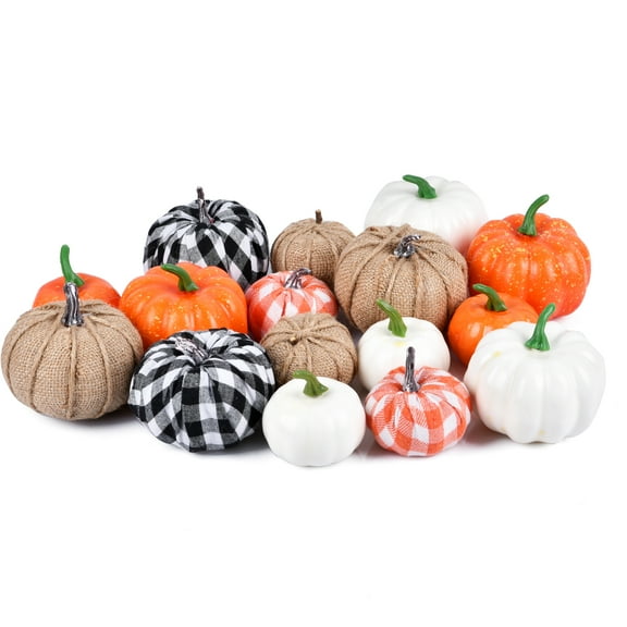 Coolmade 16 Pcs Fall Decor Assorted Sizes Artificial Pumpkins Burlap Faux Foam Pumpkin for Harvest Autumn Season