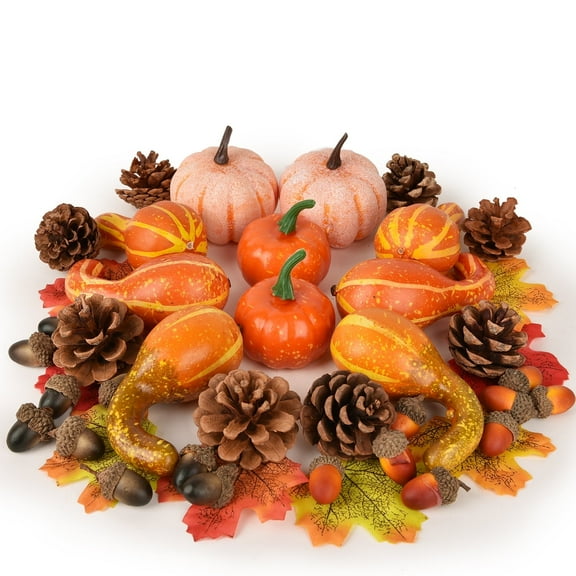 Coolmade 166 Pcs Assorted Artificial Pumpkins with Maple Leaves Fall Thanksgiving Decoration Set, Decor Mini Pumpkins Pine Cones Maple Leaves Acorns Set for Autumn Wedding, Festival Party