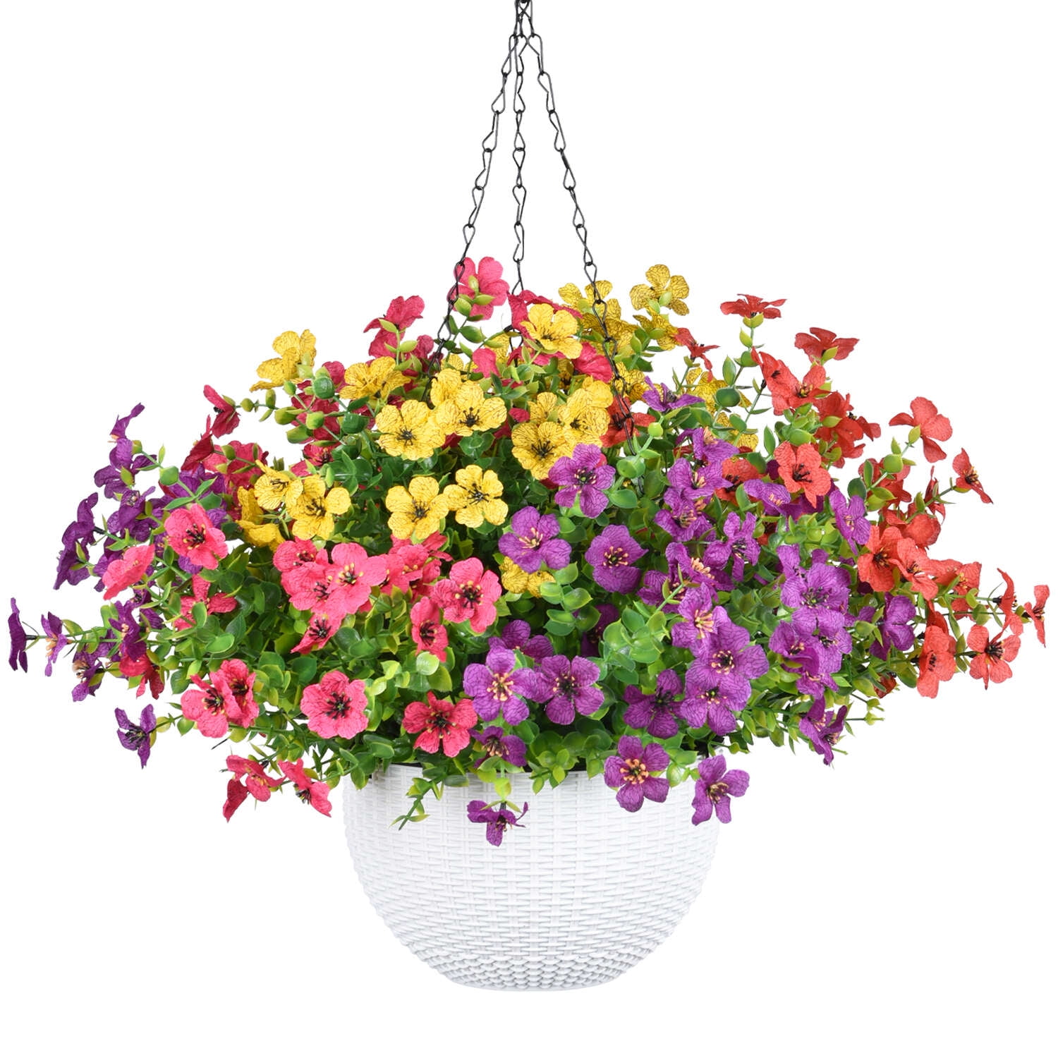 Coolmade 18" Artificial Fake Hanging Plants Flowers with Basket Outdoor ...